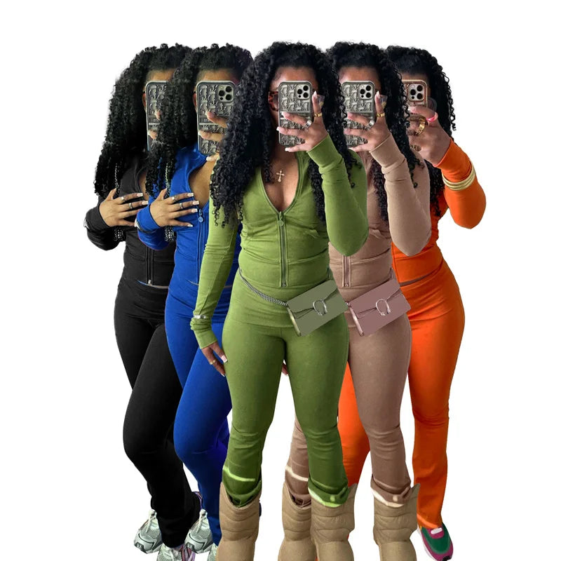 Custom Logo New New Arrivals 2026 Spring Two Piece Sets With Fleece Tracksuit Long Sleeve Zip up Hoodie Flare Sweatpants Suit