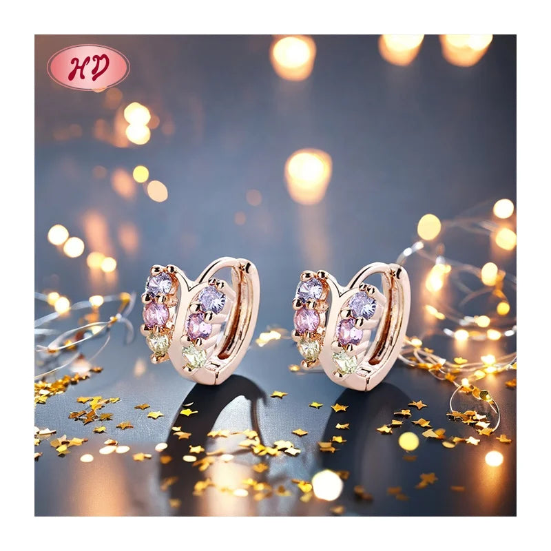 Women's Trendy 18K Gold Plated Huggie Earrings with Butterfly Crystal CZ Free Shipping Party Jewelry Hoop Earrings