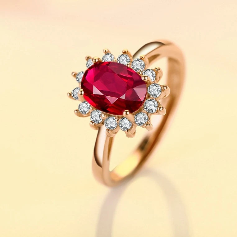 European and American Style Rose Gold Plated Red Rhinestone Gemstone Ring Classic Open Index Design Made of Brass