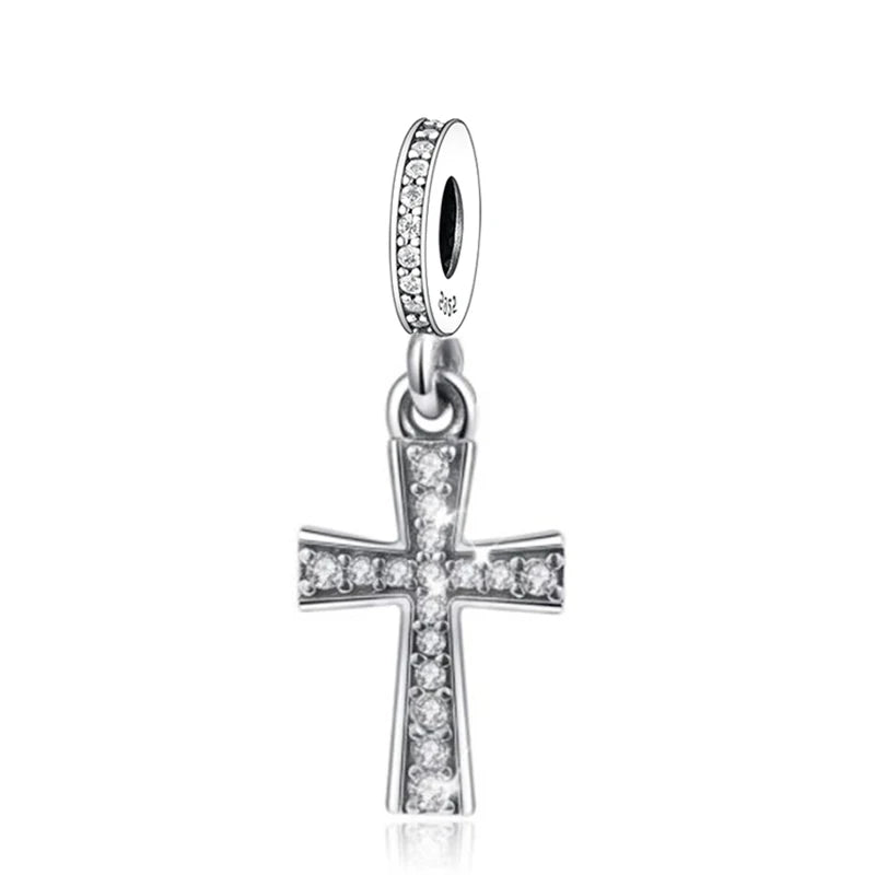 Real 925 Sterling Silver Pave Zircon Cross Dangle Charms for Bracelet Jewelry Making Accessories Gift