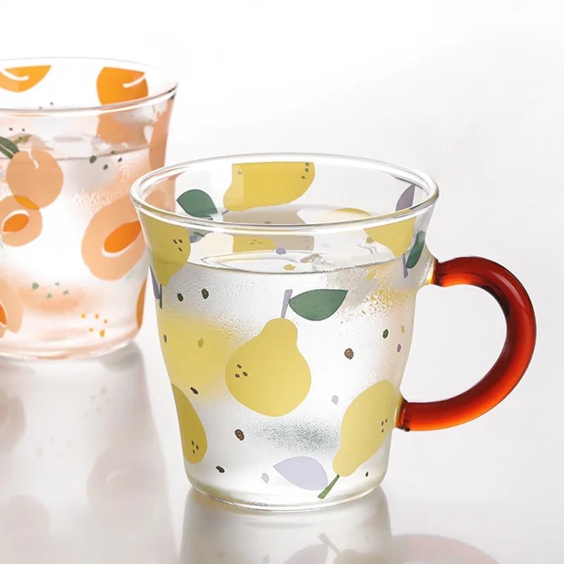 Ins High Borosilicate Pear Peach Glass Water Cup with Colored Handle Wholesale Breakfast Milk Juice Water Cup