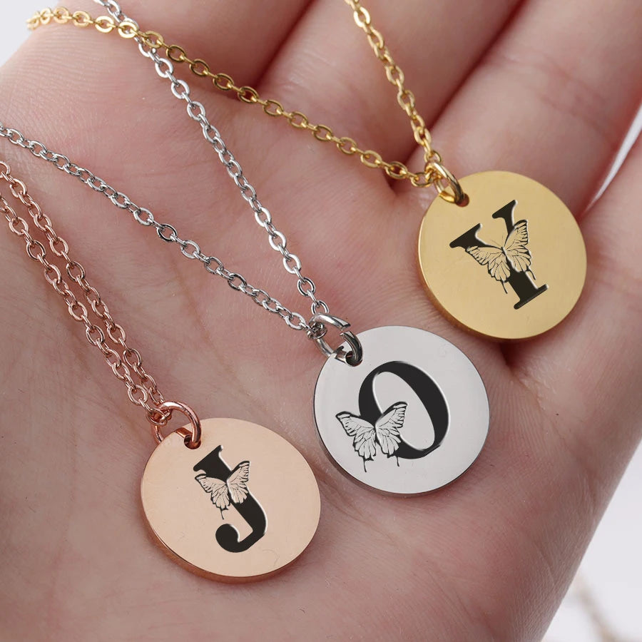 Delicate Butterfly Initial Necklace - Custom A-Z Letter Charm Jewelry - Dainty Stainless Steel Pendant for Women