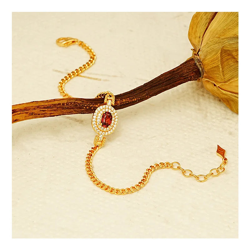 Free Video and Picture 925 Silver Fashion Design Sense Magnesium Aluminum Garnet Bracelet Champagne Gold Tone Women Bracelet