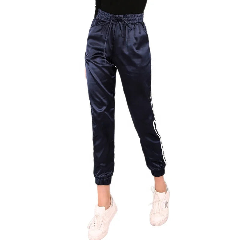 Women Elegant Luxy Satin Pants Elasticated Drawstring Waist Joggers Custom Ladies Side Striped Navy Jogging Pants Track Pants