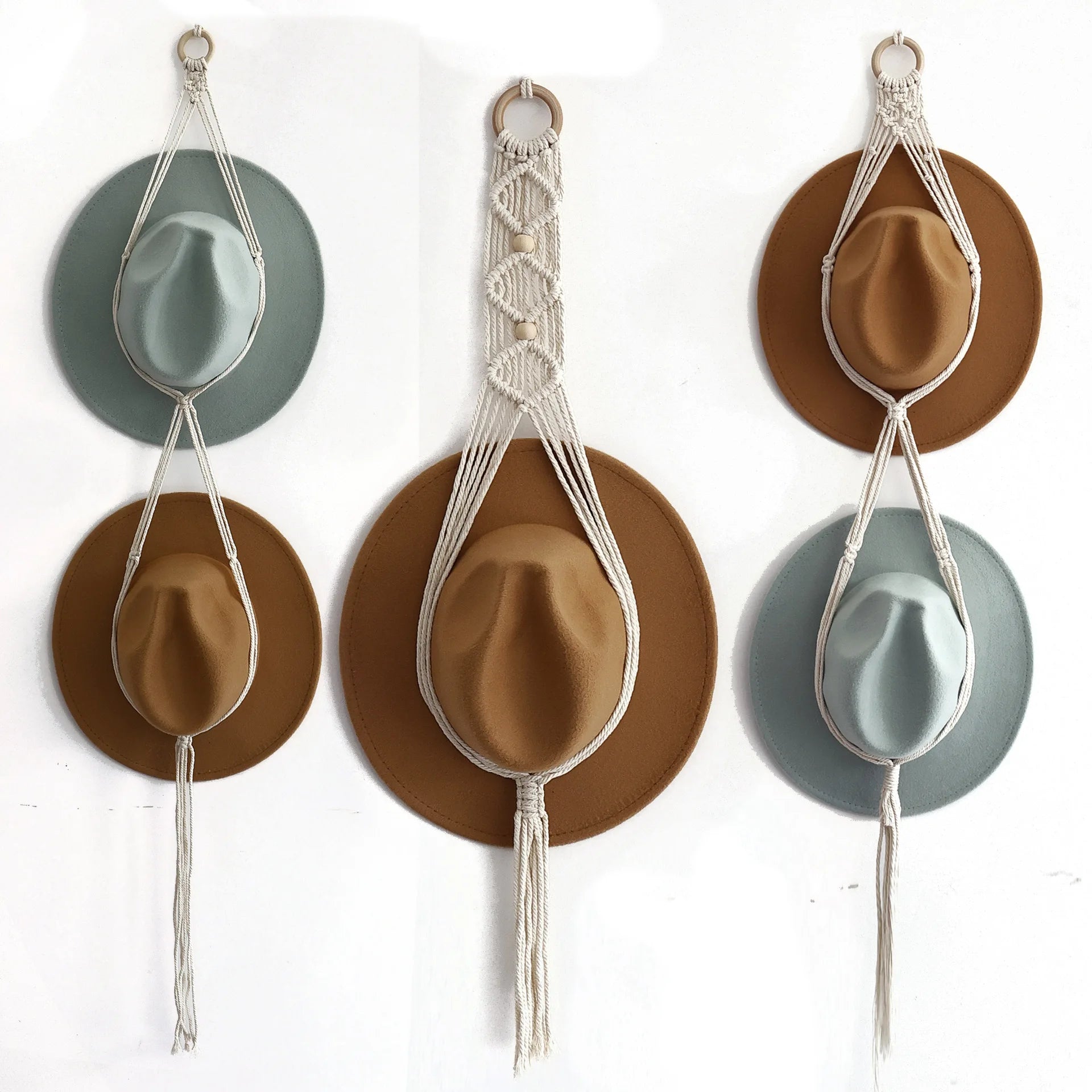 Y-W Farmhouse Boho Macrame Hat Hanger for Wall Display Fedora Straw Hat Holder Storage Hanging