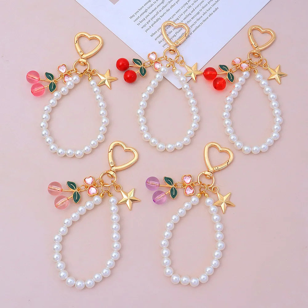 Cute Water Diamond Bow Cherry Gemstone Keychain Pendant Creative Pearl Zinc Alloy Personalized Fashion Car Bag Key