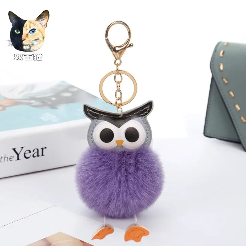 Cute Pompom Owl Keychain Pom Pom Key Chain Rabbit Fur Ball Pompon Porte Clef Fluffy Leather Key Ring Accessories Jewelry