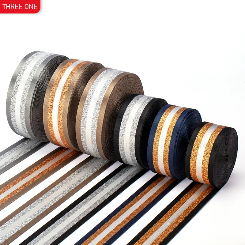 Factory Direct 38mm Nylon Jacquard Webbing Strap 2\" Striped Gold Thread Ribbon for Handbag Belt High Quality Jacquard Webbing"