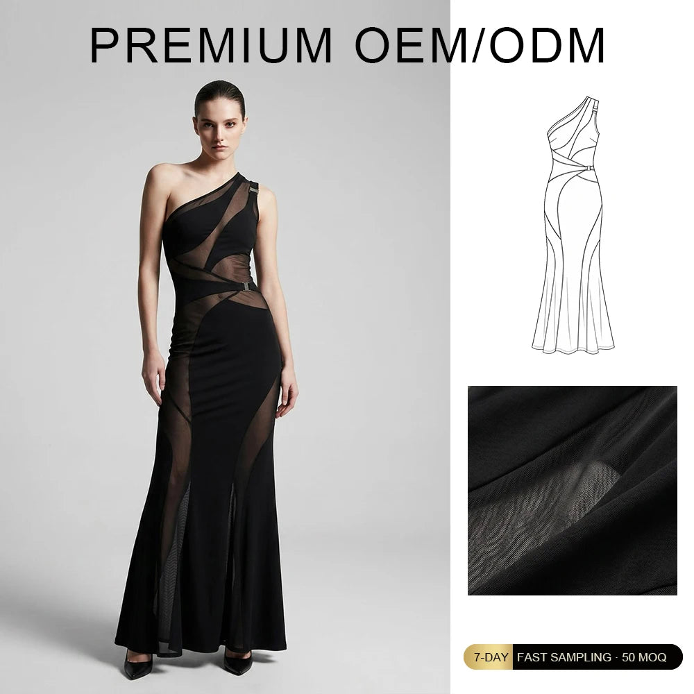 Brand Customization Irregular One-shoulder Slim-fit See-through Mesh Splicing Temperament Floor-Length Evening Dress for Women