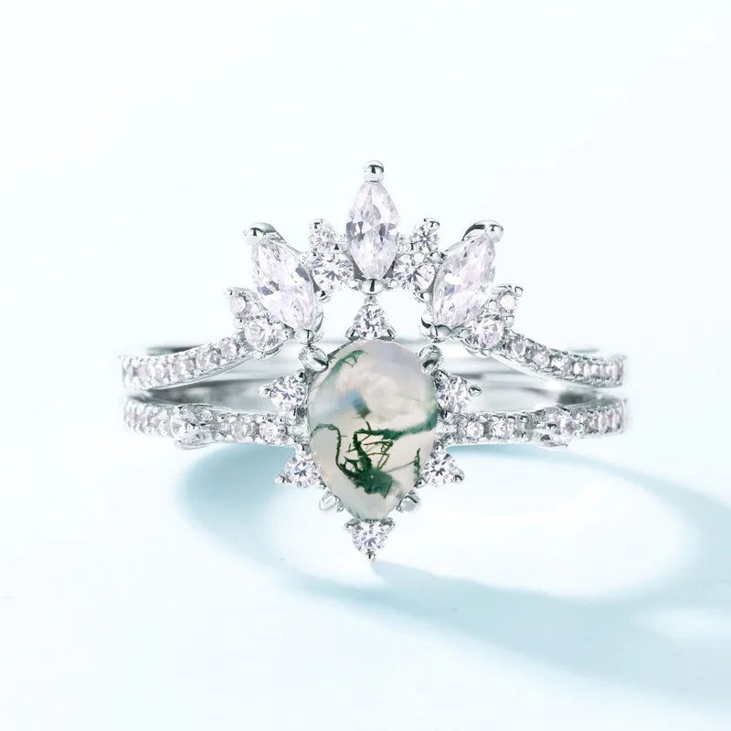 Fine Jewelry 925 Sterling Silver Zircon and Agate Pear Crown Ring for Women