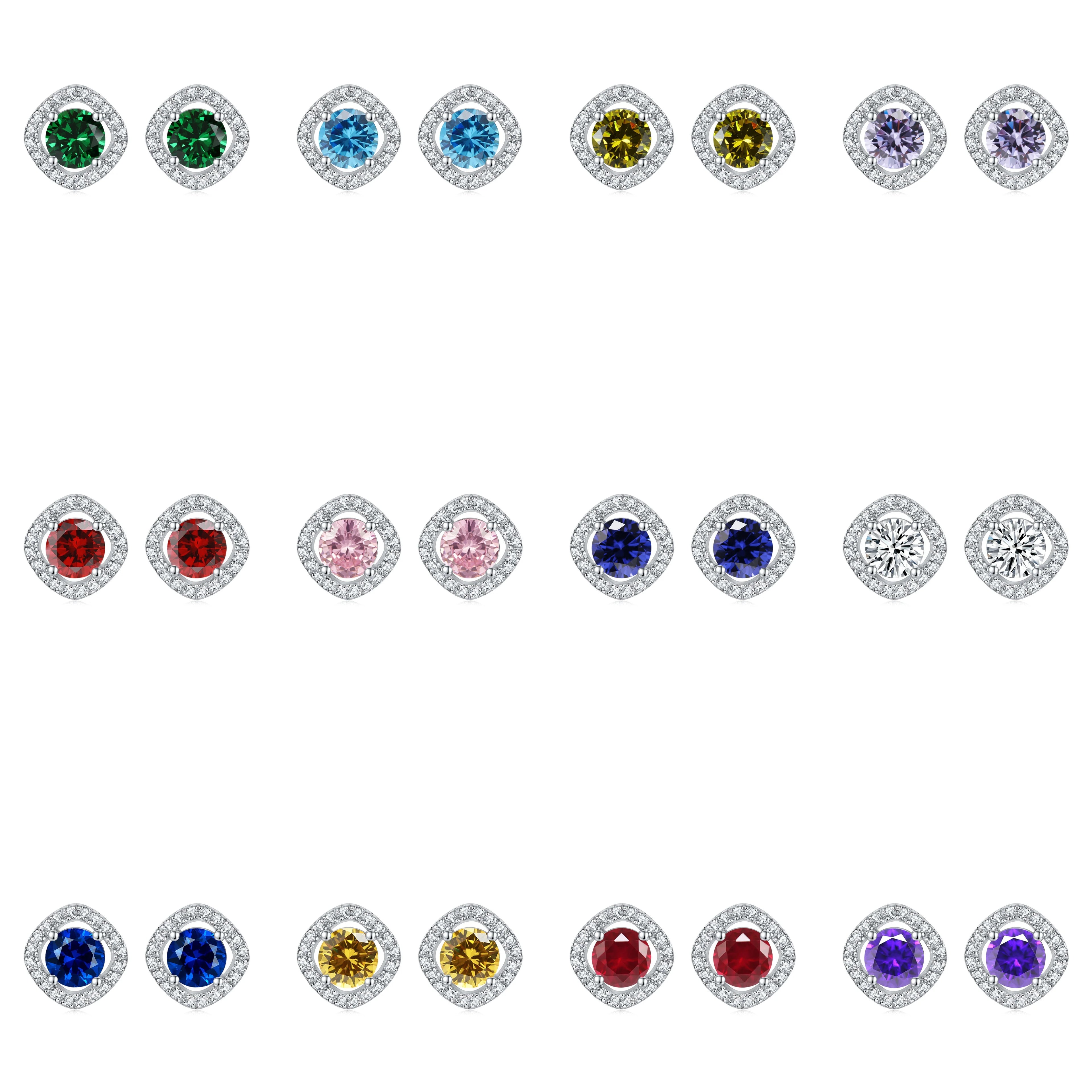 Custom Earring Studs Colorful Zirconia Opal Red Blue CZ Rhodium Plating 925 Sterling Silver Earrings Studs
