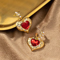 Fashion Retro Red Gemstone Love Heart Earrings for Women Exaggerate Vintage Inlay Rhinestone Pearl Dangle Earrings (KER834)