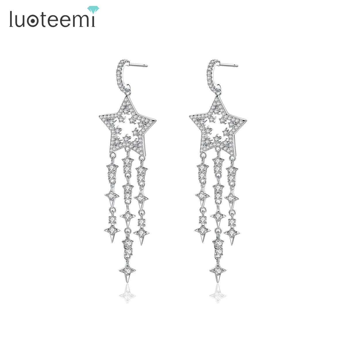 LUOTEEMI Star Drop Cubic Zirconia Large Crystal Big Statement Long for Woman Bohemian Tassel Earring