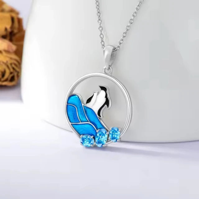 Fashion Jewelry 925 Sterling Silver Blue Zircon Enamel Sea Wave Penguin Pendant Necklace