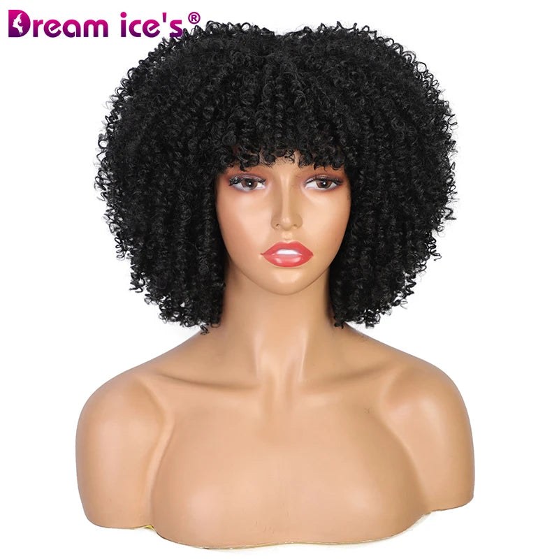 Wholesale Short Bob Red Wig with Bangs Black Women 14 Inch Afro Kinky Curl Synthetic Hair Heat Resistant 150% Density Large Cap