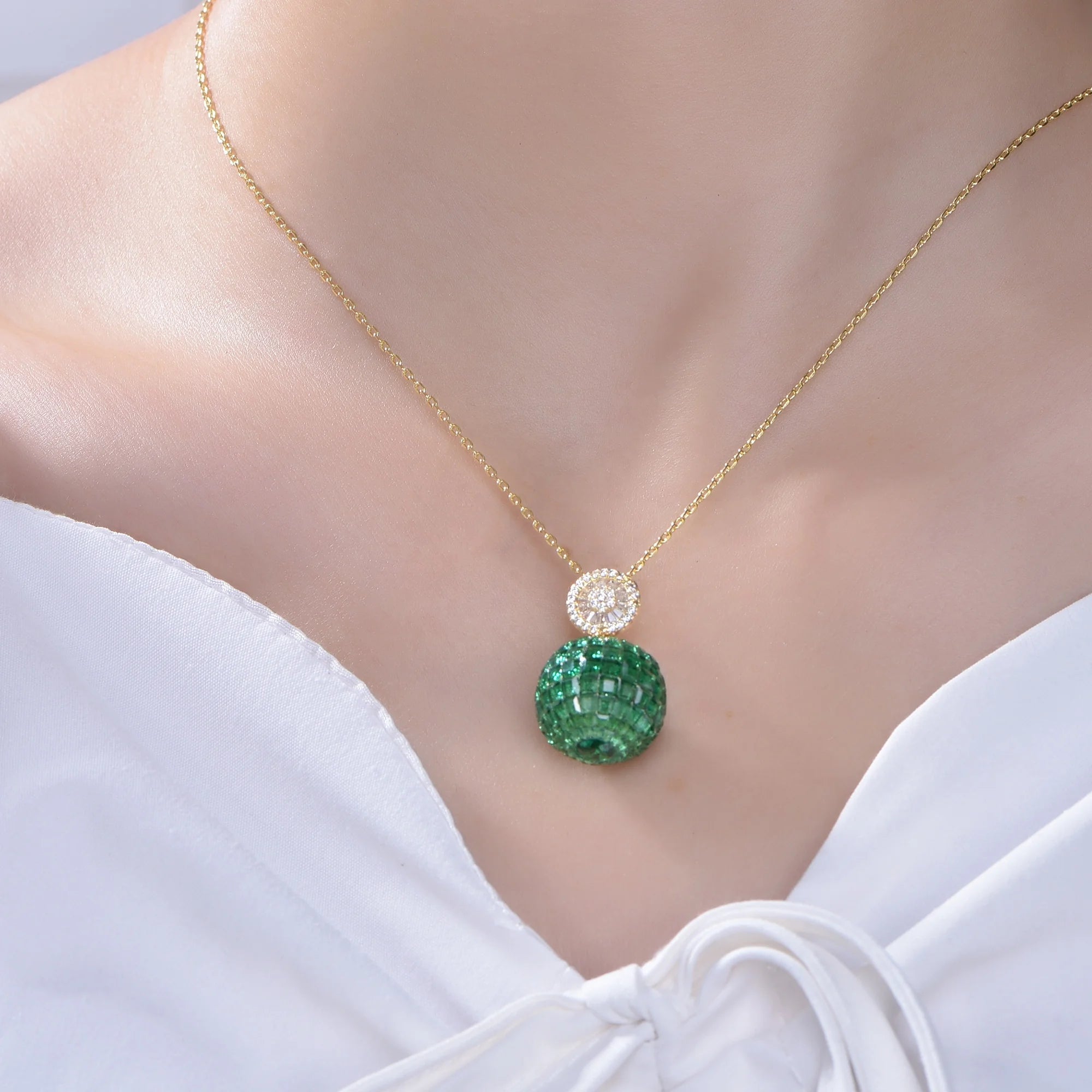 18k Gold Plated Crystal Slide Ball Pendant Necklace Green Spinel Pave Ball Pendant Premium Crystal Necklaces