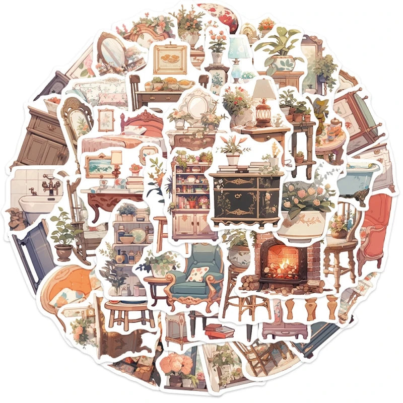 50pcs Vinyl Retro Furniture Stickers Waterproof Travel Map Graffiti Stickers Pack for Teens Decorative Decorative Stickers for