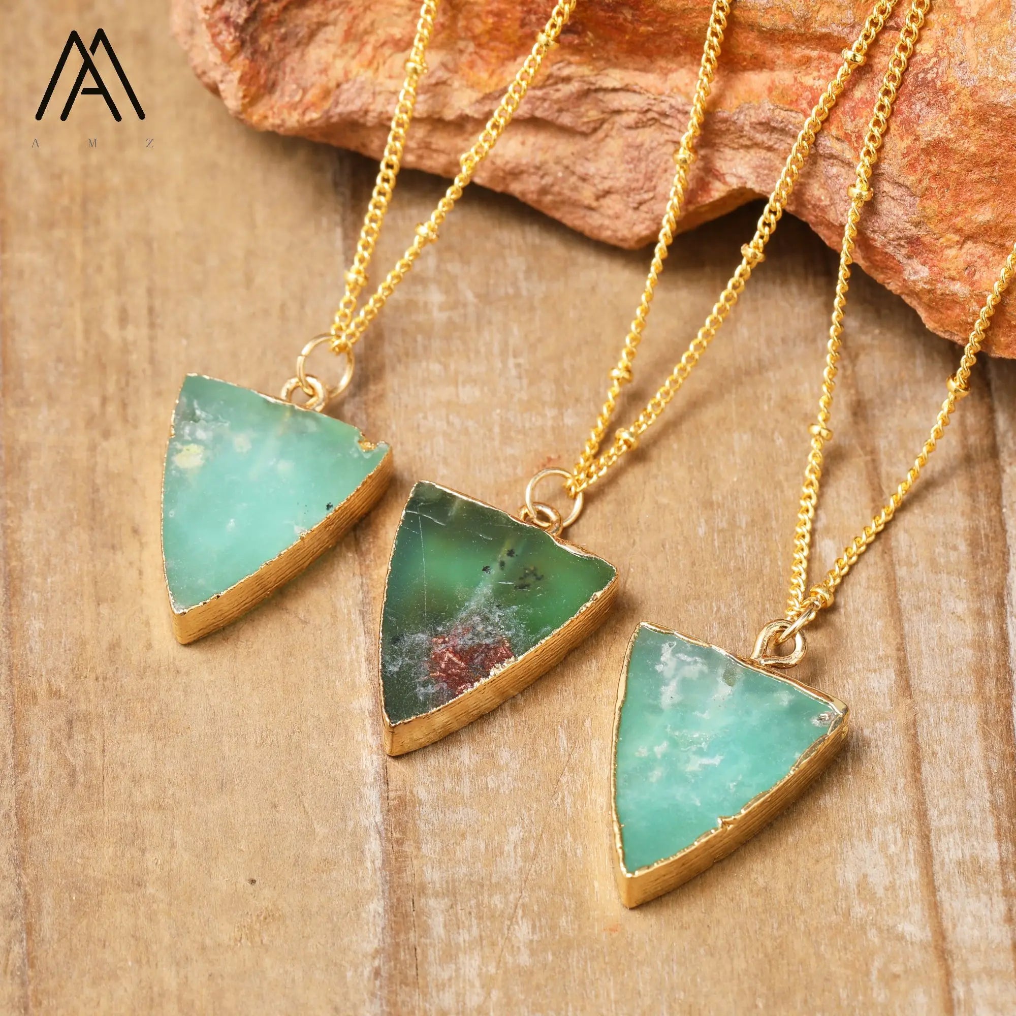 Natural Australian Jade Stone Triangle Shape Pendant Gold Chain Trendy Jewelry Gift to Her