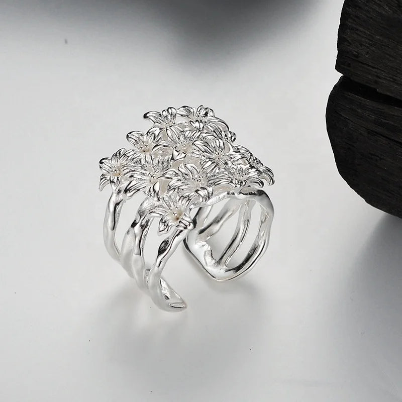 ICEBELA Unique Exaggerate S925 Sterling Silver Waterproof 3 Layers Flower Cluster Opening Ring for Lady