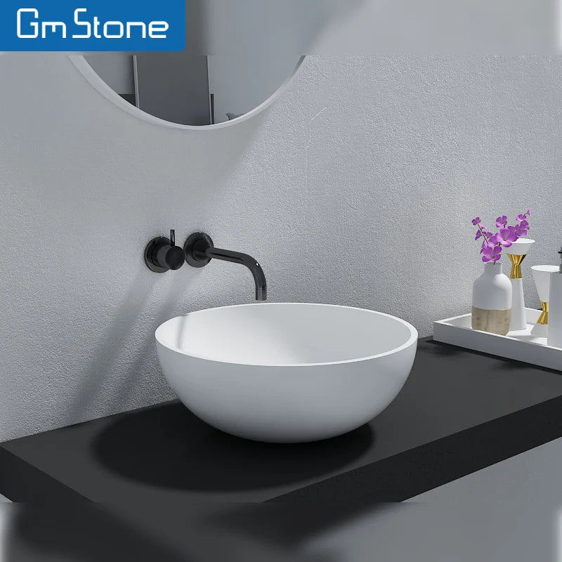 Modern Hotel Solid Surface Round Wash Basin Artificial Stone Counter Top for Bathroom Use