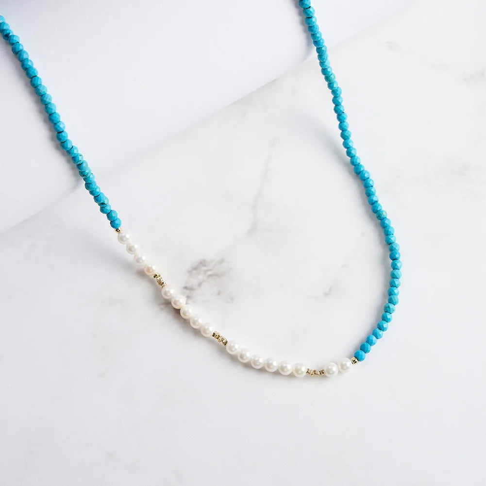 Rinntin GMN51 Trendy Elegant Turquoise S925 Sterling Silver AAA/AAAA Freshwater Pearl Beaded Necklace 14K Gold Plated