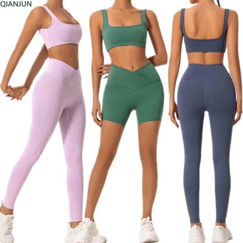 Women's Gym Fitness Suits Wholesale High Waist Yoga Pants Sets Quick Dry S-XL Sizes Solid Pattern Suit