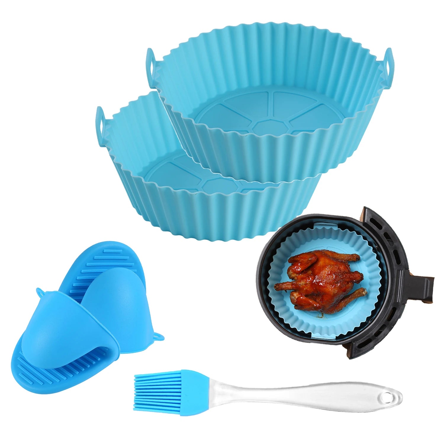90g 8 Inch 16cm Reusable Airfryer Silicone Pot Basket Silicone Round Air Fryer Liners With Mitts