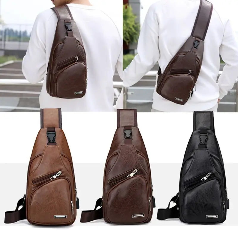 New Fashionable Charging Men's Chest Bag Outdoor Leisure Pu Leather Shoulder Briefcase Sling Bag Men