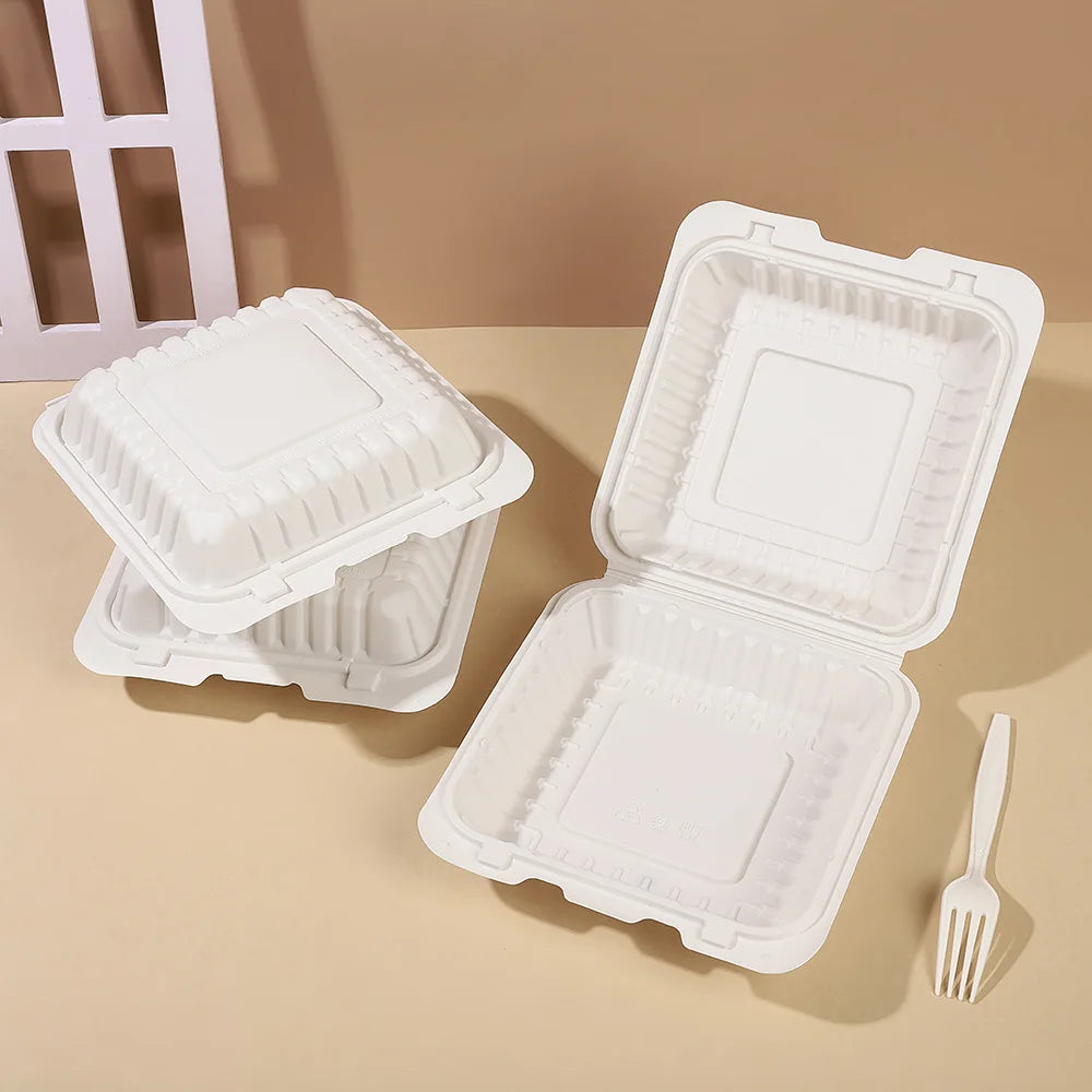 2025 Cornstarch Food Container Reinforced Double Buckle 8 Inch Single Cell Disposable Cornstarch Lunch Box Picnic For Camping