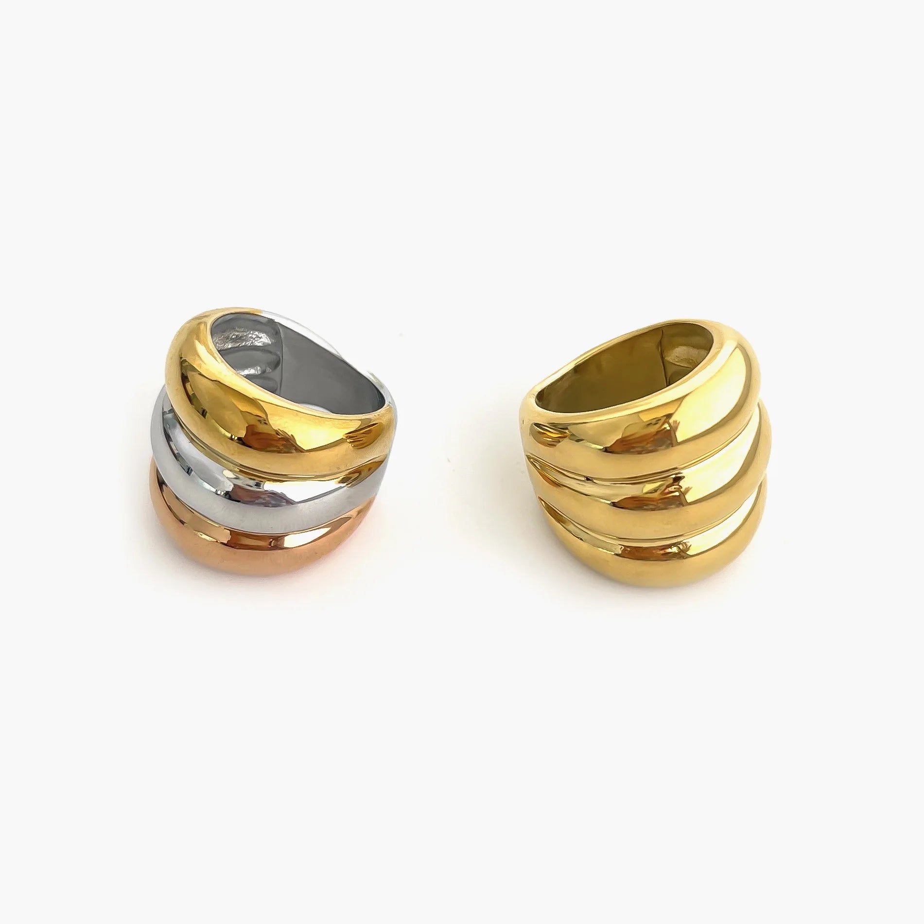 Statement 18K Gold Plated Waterproof High Texture Geometric Ring Stainless Steel Three Layers Finger Ring Jewelry