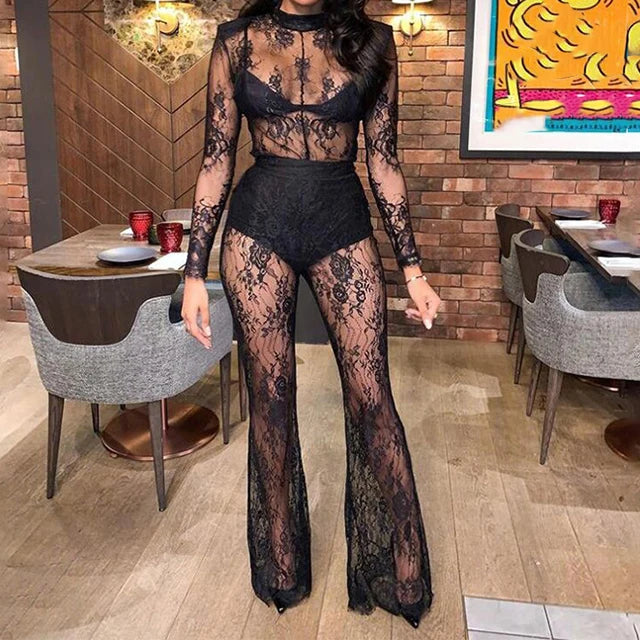 GX9801 Drop Shipping Women Clothing Long Sleeve One Piece Fashion Night Club Wear Ladies See Through Lace Jumpsuits