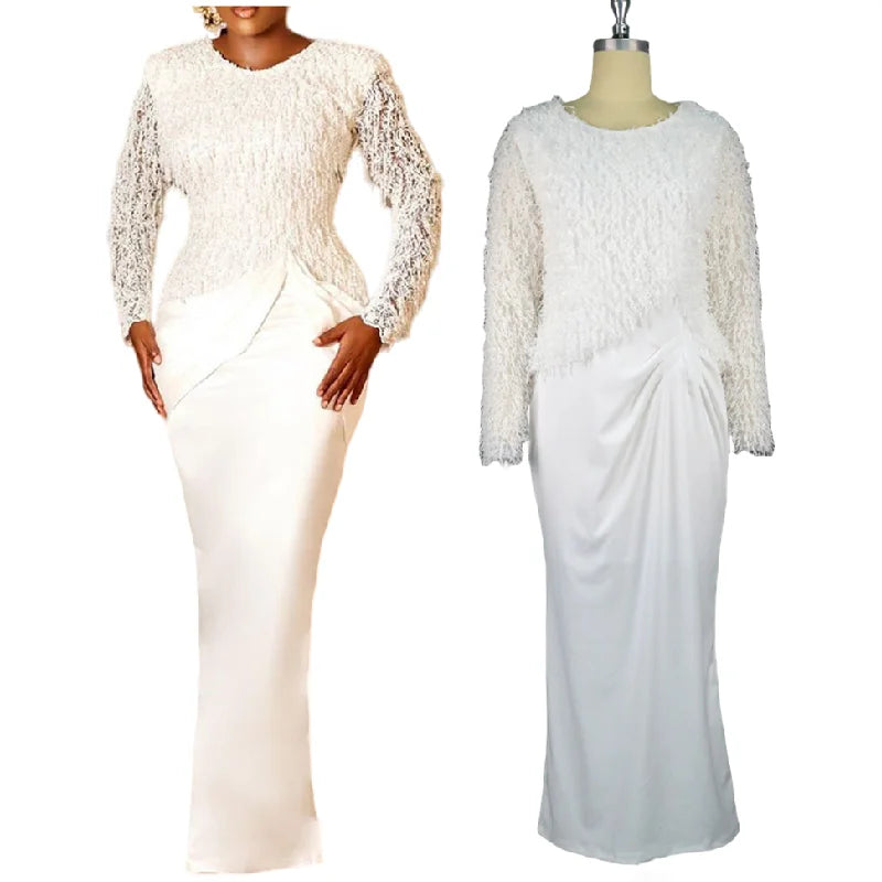 X8182 Latest Design Chic Gowns for Women Evening Dresses Lace Tassel Long Sleeve Floor Length Long Dresses Women White Dresses