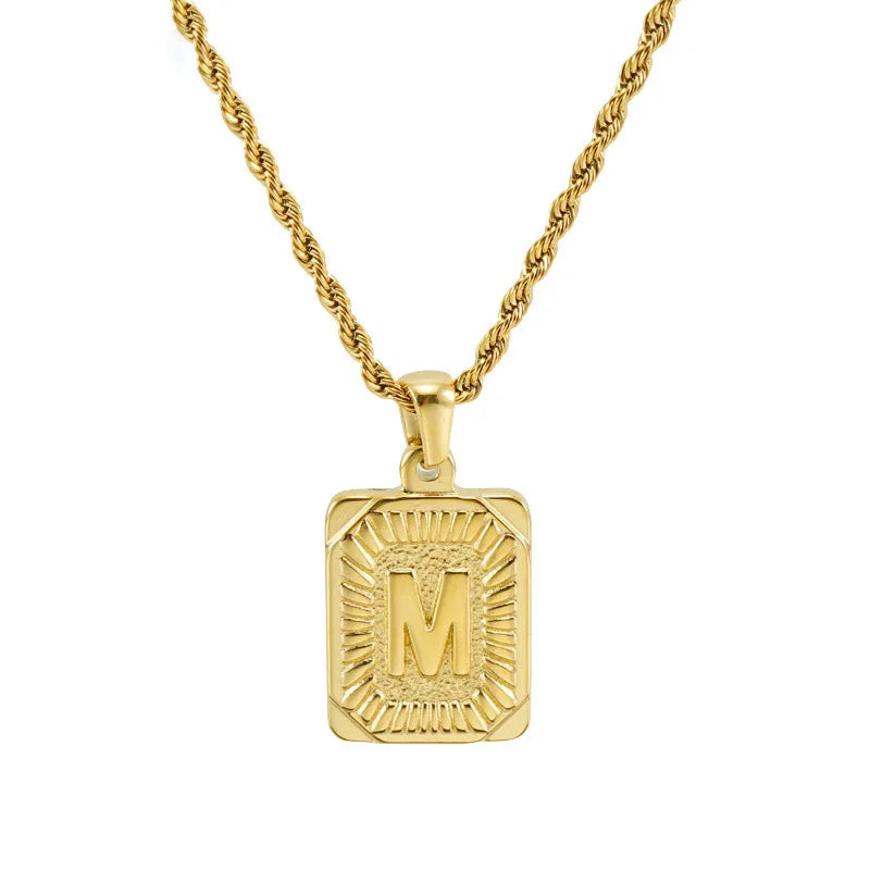 Hip Hop Style Men Design 18K Gold Plated 26 Different Letter Square Shape Stainless Steel Necklace