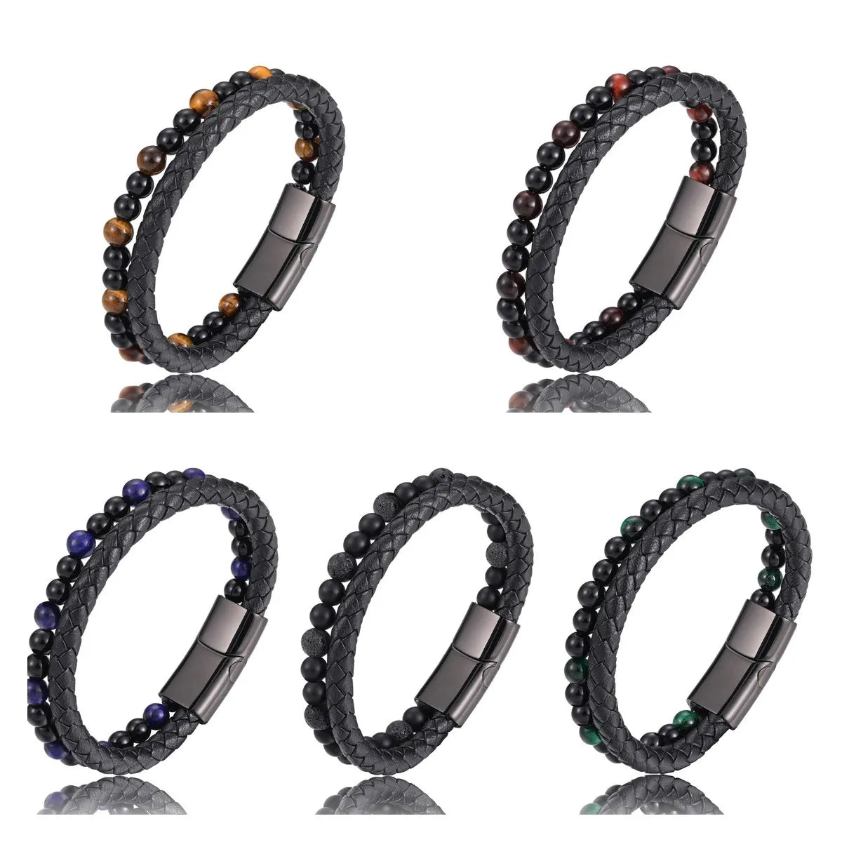 Mens Natural Lava Stone Tiger Eye Bead Beaded Stretchy Leather Magnet Bracelet Elastic Band Diffuser Essential Oil Bead Bracelet