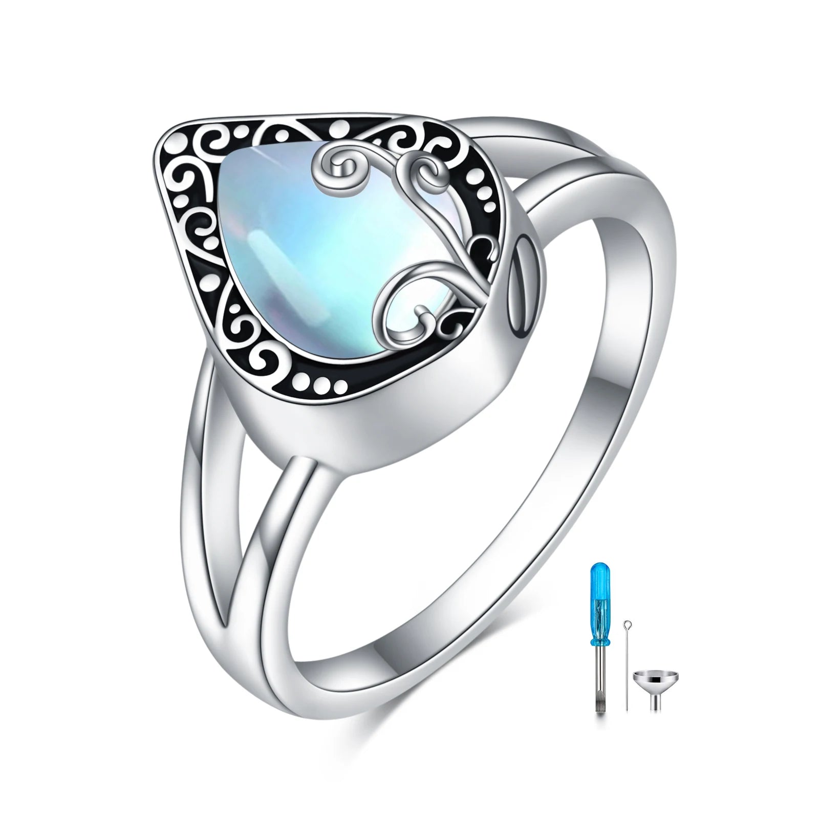 Always in My Heart Custom 925 Sterling Silver Two Tone Water Drop Moonstone Ashes Urn Ring