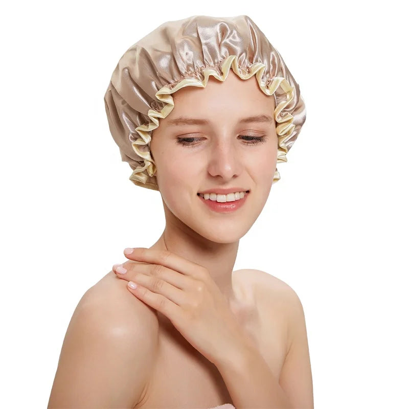 Wholesale Dual Layer Fabric Elastic Shower Cap Reusable Waterproof Bathing Cap for Cleaning