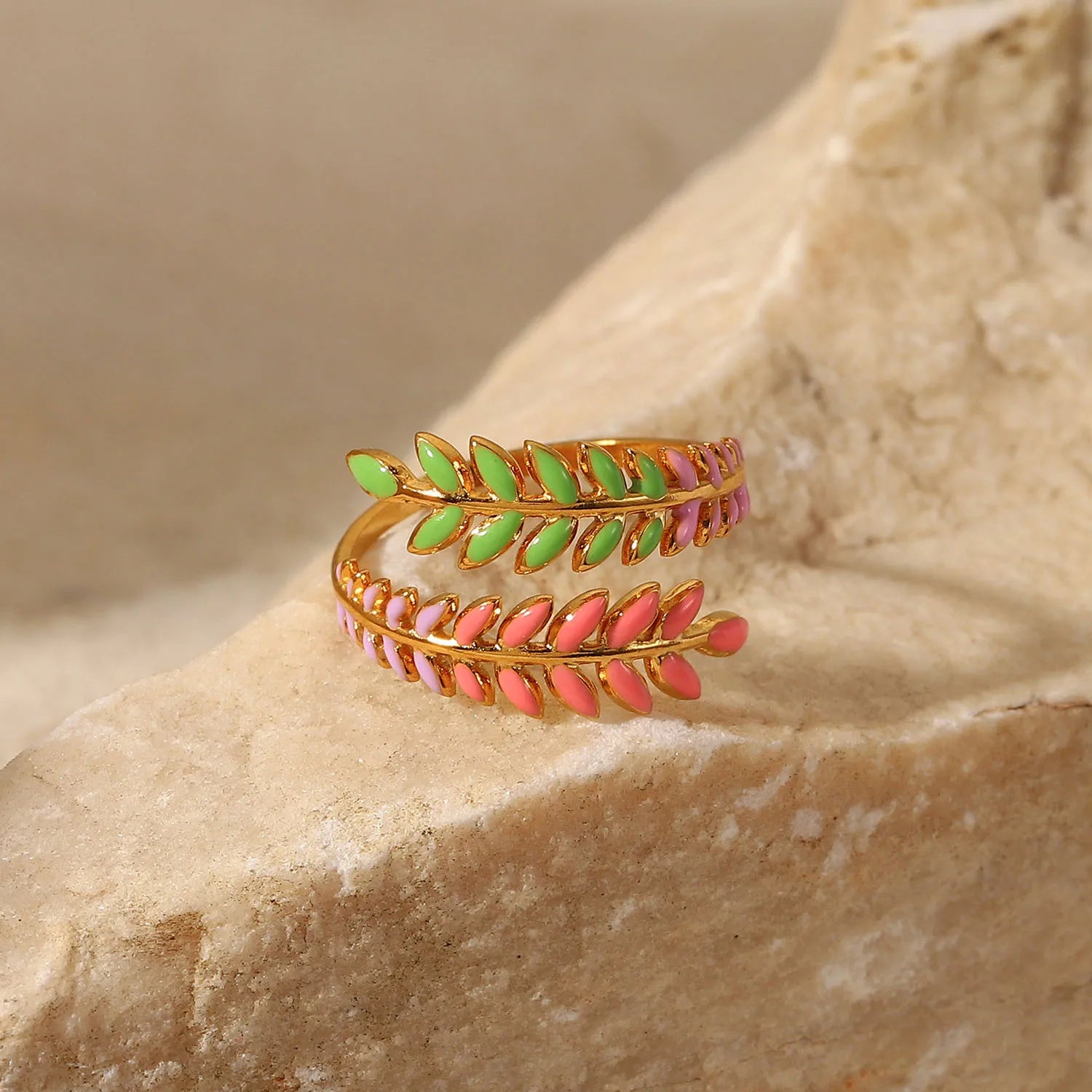 18K Gold Plated Women's Stainless Steel Jewelry Rings Water Proof Open Leaf Design with Adjustable Oil Drop Classic Style