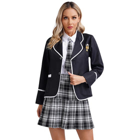 Custom Womens British Style Schoolgirl JK Uniform Long Sleeve Waisted Shirt with Necktie Badge Brooch Pleated Skirt