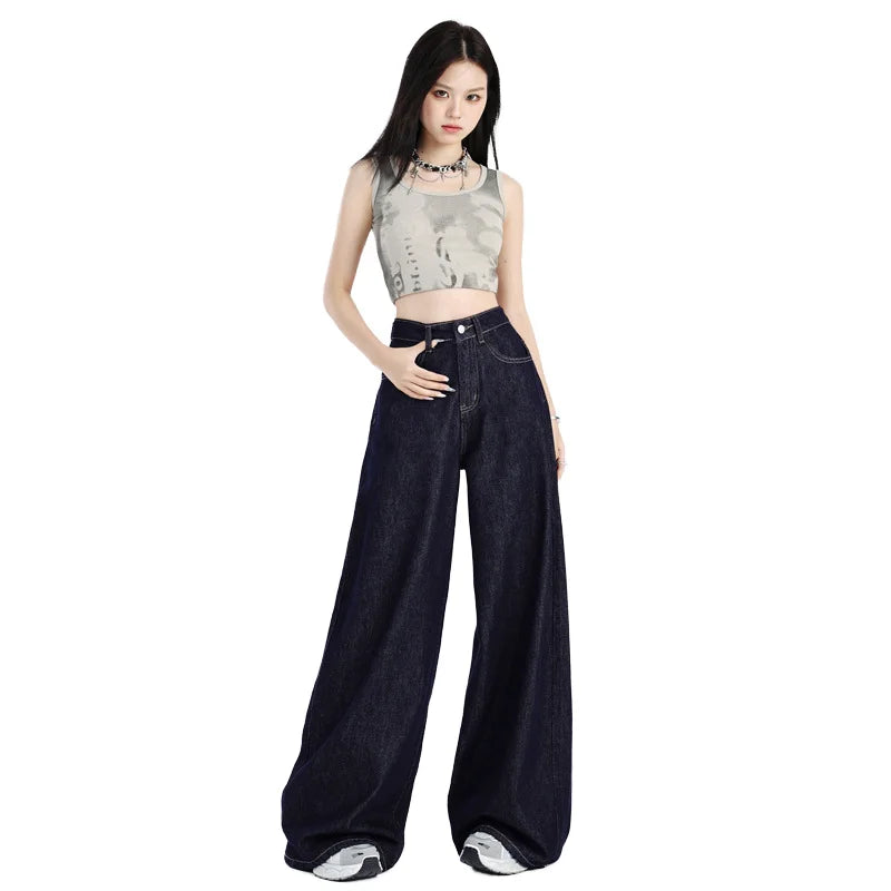 Dark blue jeans high-waisted baggy large straight leg slimming everything mop wide-leg pants