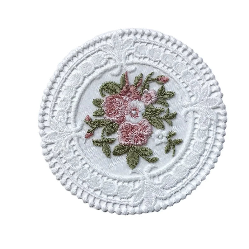 Small Round French Lace Applique Embroidered Placemat Doily Coaster Fruit Snack Cake Mug Cup Coffee Pad Mat Decoration