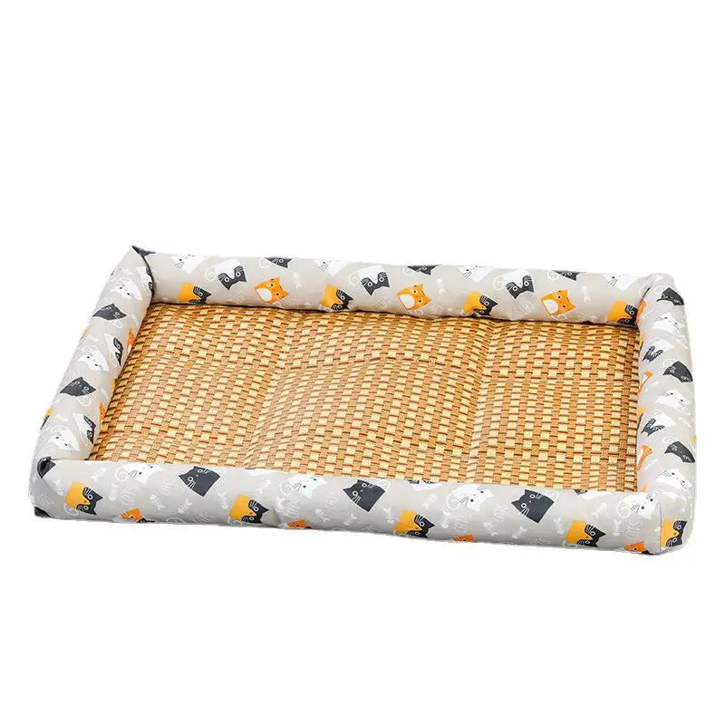 Non-Slip Linen Pet Cooling Dog Bed Summer Rattan With Soft and Breathable Animal Pattern for Cats