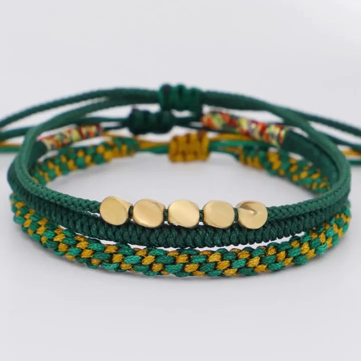 Fashion Jewelry 3 Pcs Set Handwoven Corn Knots Lucky Rope Copper Beads Wrap Green Thread Bracelet