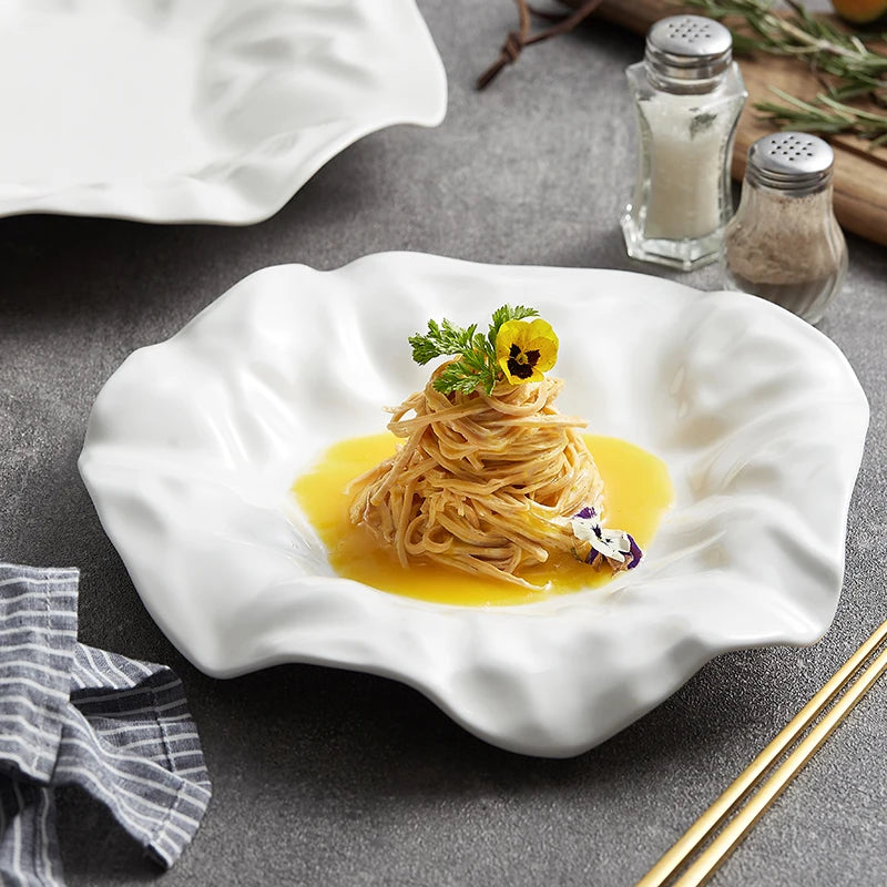 Eco-Friendly Custom Porcelain Cake Serving Plate Unique Elegant Fine Ceramic Nest Design Plain White Embossed Irregular Shape