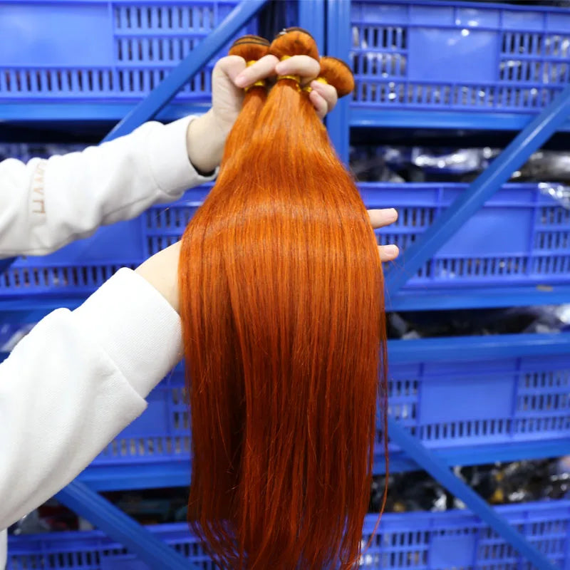 Orange Ginger Color Straight Virgin Human Hair Extensions350# Orange Ginger Ombre Color Hair Bundles with Lace Frontal Closure