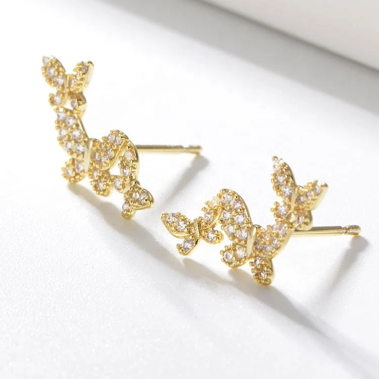 Customize 925 Sterling Silver Cubic Zircon 14k Gold Plated Trendy Wedding Engagement Nickel Lead Free Fashion Butterfly Stud