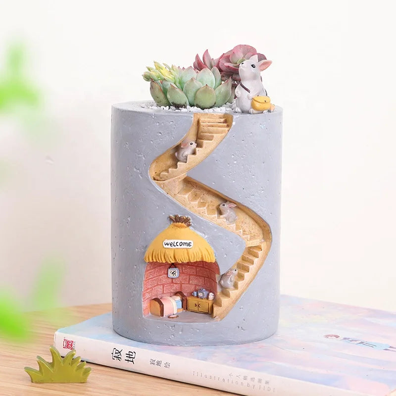 Handmade Custom Resin Cartoon Rabbit Hedgehog's House Desktop Ornament Succulents Flower Plant Planter Pot for Home Garden