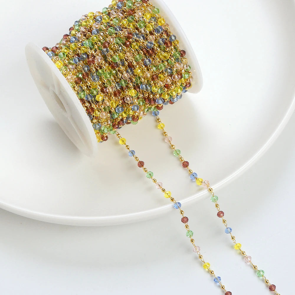 18K Gold Plated Beads Chains Colorful Crystal Square Clavicle Chain Colorful Glass Necklace Chain for Jewelry Making