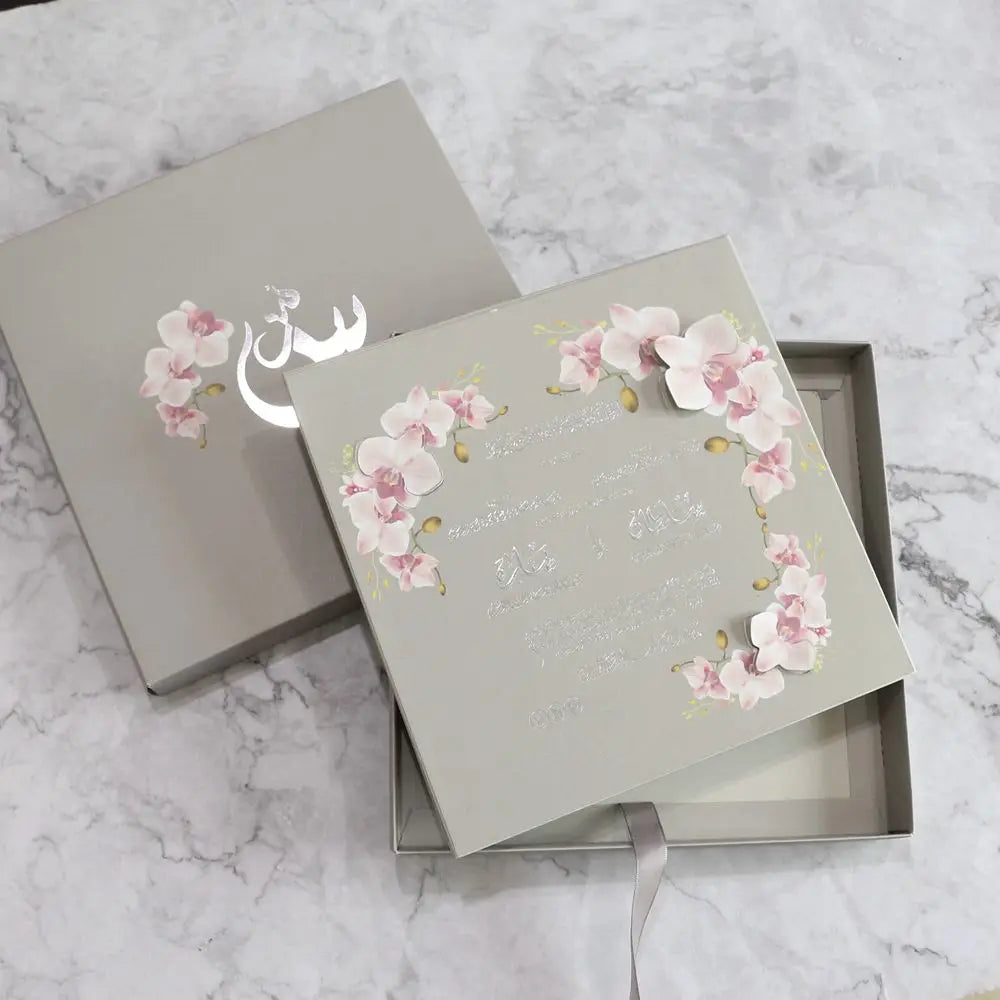 Single Color Printed Flower Gray Board Matching Box Wedding Invitation Card