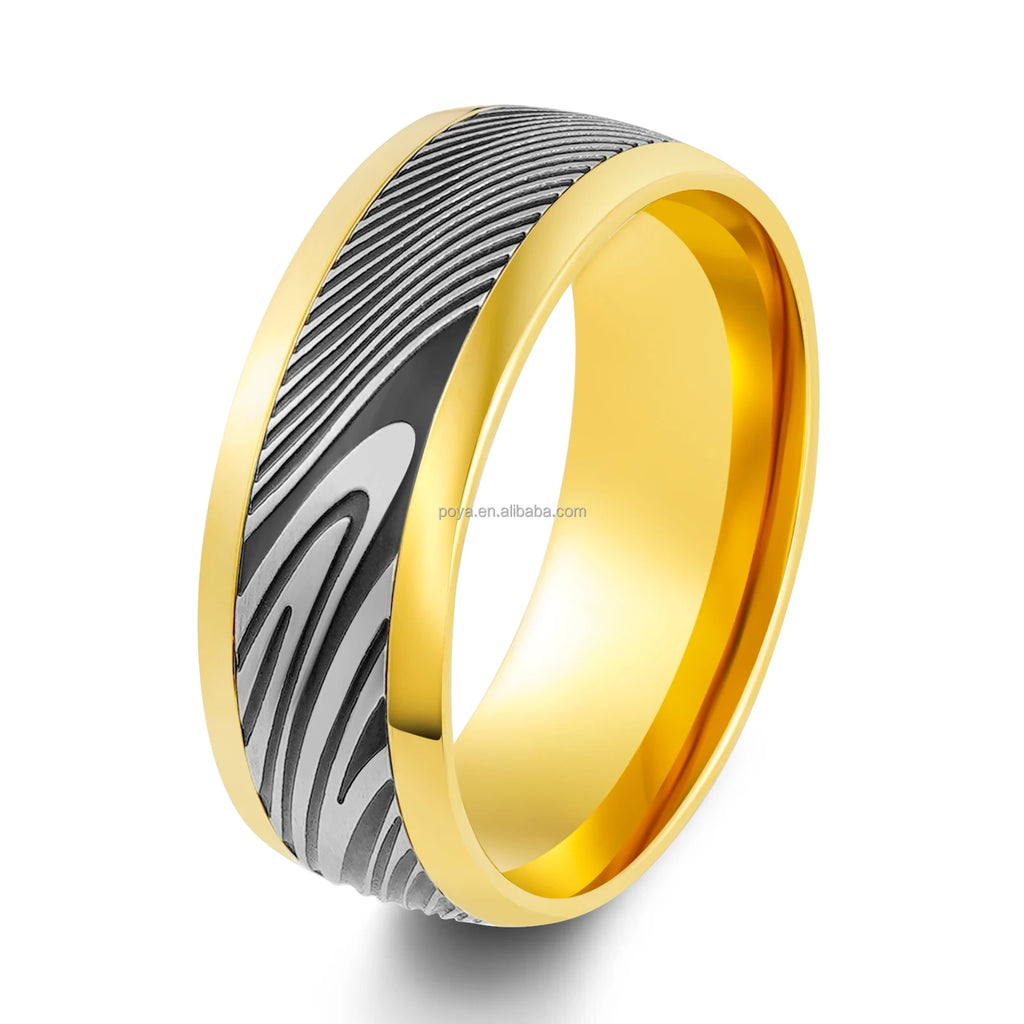 POYA 8mm Unique Etched Damascus Steel Stainless Steel Ring Gold/Silver/Rose Gold Polished Jewelry Engagement Gift Anniversary