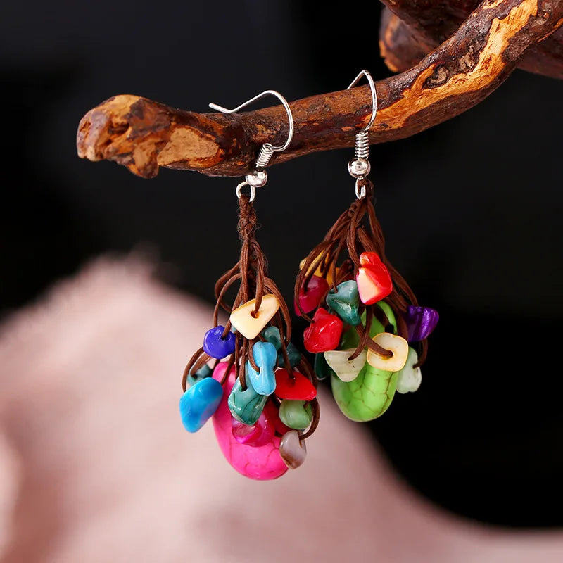 Hot Selling Bohemian Turquoise Summer Beach Jewelry Natural Rainbow Gravel Hand-Woven Multi-Layer Drop Earrings for Vacation